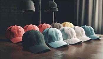 Blue baseball cap on wooden table indoors generated by AI photo