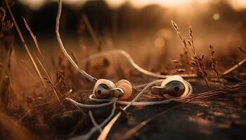 Sunset over old headphones on grass meadow generated by AI photo