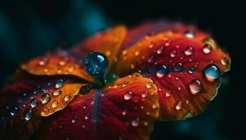 Vibrant flower head reflects wet autumn colors generated by AI photo