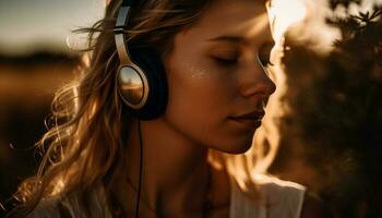 Young woman enjoying nature, listening to music generated by AI photo