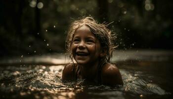 Smiling child splashes in wet summer fun generated by AI photo