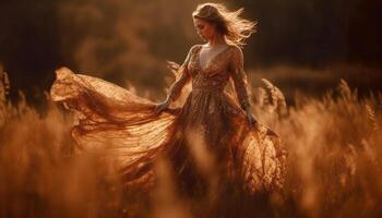 Young woman in nature, enjoying autumn freedom generated by AI photo