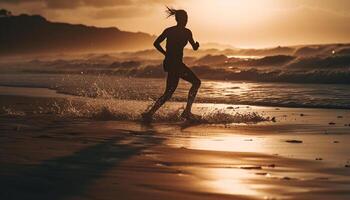 Young woman jogging outdoors at sunset by water generated by AI photo