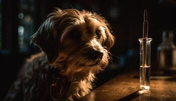 Cute puppy sitting on table, looking at camera generated by AI photo