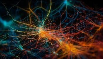 Neural axons glow with multi colored synapse communication generated by AI photo