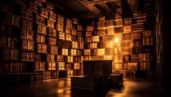 Glowing book stacks illuminate modern library shelves generated by AI photo