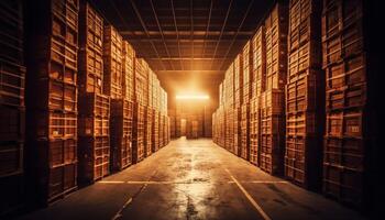 Inside an old warehouse, shelves stack high generated by AI photo