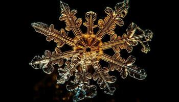 Shiny snowflake ornament reflects night winter wonderland generated by AI photo