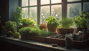 Green seedling grows in flower pot indoors generated by AI photo