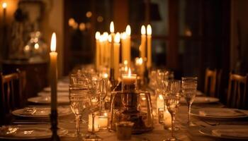 elegante Boda celebracion, luz de una vela ilumina lujo decoración generado por ai foto