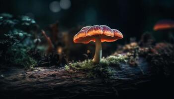 Close up autumn growth spotted fly agaric mushroom generated by AI photo