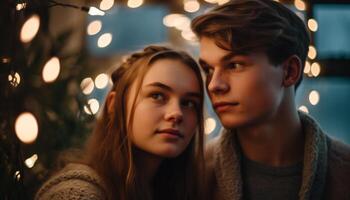 Young couple embracing under illuminated Christmas lights generated by AI photo