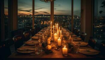 luz de una vela ilumina el elegante comida mesa adentro generado por ai foto