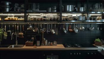 moderno cocina mostrador con inoxidable acero accesorios generado por ai foto