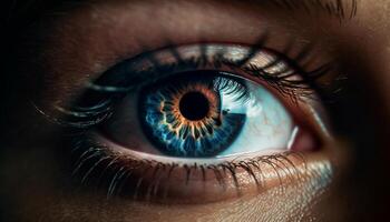 Blue eyes staring, close up of human iris generated by AI photo