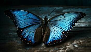 majestuoso morfo mariposa, vibrante colores en antiguo madera generado por ai foto