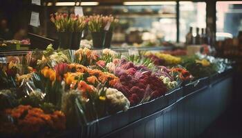 Organic flower bouquet for sale at supermarket generated by AI photo