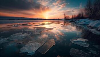 Frozen landscape majestic beauty, tranquil reflection at dusk generated by AI photo