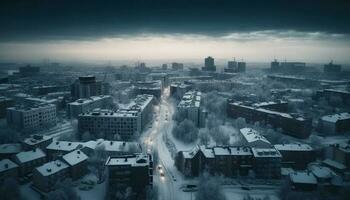 Monochrome city lights illuminate winter crowded streets generated by AI photo