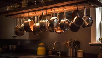 Shiny steel utensils hang in modern kitchen design generated by AI photo