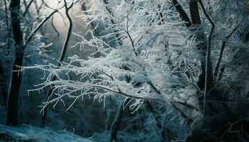 Icy branches in winter create mystical pattern generated by AI photo