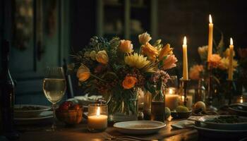 rústico luz de una vela ilumina elegante floral arreglo adentro generado por ai foto