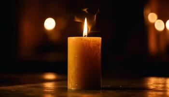 Glowing candle brings peaceful warmth on winter night generated by AI photo