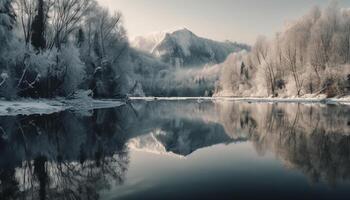 Majestic mountain range reflects in tranquil pond generated by AI photo