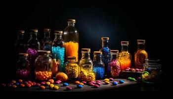 Multi colored medicine bottles vary on black background generated by AI photo