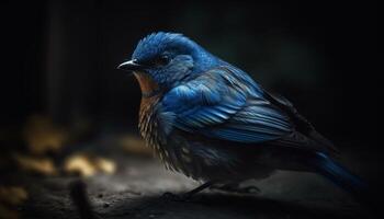 Starling perched on branch, looking into forest generated by AI photo