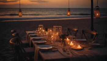 lujo cena fiesta atardecer, vela, Copa de vino, elegancia, decoración generado por ai foto