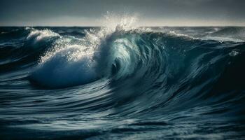 mojado tabla de surf se desliza mediante hermosa tropical barril ola generado por ai foto