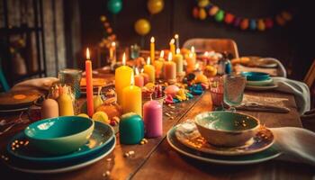 Wooden table decorated with multi colored candles generated by AI photo