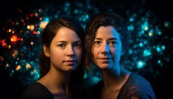 Young adults smiling, illuminated by blue lighting equipment generated by AI photo
