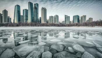 rascacielos ventanas reflejar Nevado paisaje urbano a oscuridad generado por ai foto