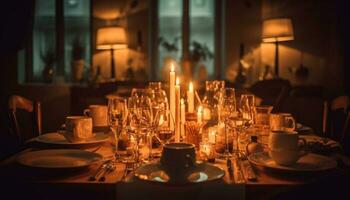 lujo comida mesa con elegante vela decoración generado por ai foto