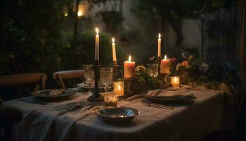 Romantic candlelight dinner, elegant decor and comfort generated by AI photo