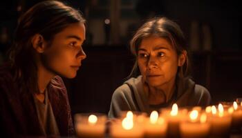 Caucasian females indoors enjoy the candle lit night generated by AI photo