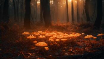 Mystery in nature dark forest, glowing fungus generated by AI photo