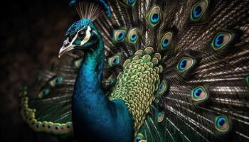 Majestic peacock dances with vibrant multi colored feathers generated by AI photo