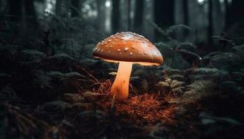 Toadstool growth in forest, danger in beauty generated by AI photo