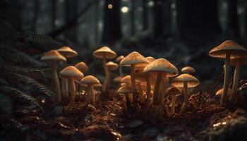 A yellow toadstool grows wild in autumn forest generated by AI photo