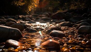 Smooth rocks flow in tranquil mountain stream generated by AI photo