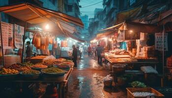 noche mercado vendedores de venta multi de colores Mariscos y Fruta generado por ai foto