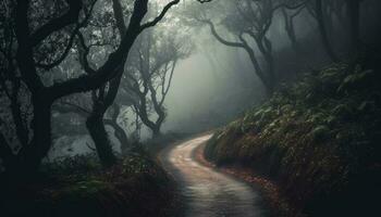 Spooky forest, foggy path, autumn mystery revealed generated by AI photo