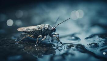 Metallic beetle crawls on wet leaf outdoors generated by AI photo