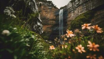 Majestic mountain range with tranquil flowing water generated by AI photo