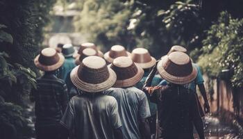 parejas excursionismo en el verde montaña follaje generado por ai foto