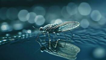 Shiny blue fly reflects in wet pond water generated by AI photo