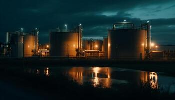 Fuel refinery illuminated at night with pipelines generated by AI photo